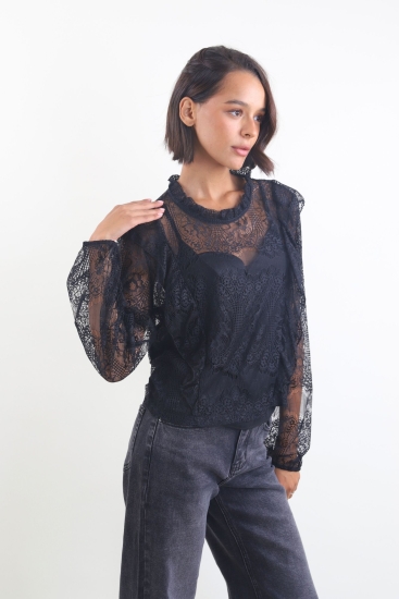 Schwarze Spitzenbluse mit Volants